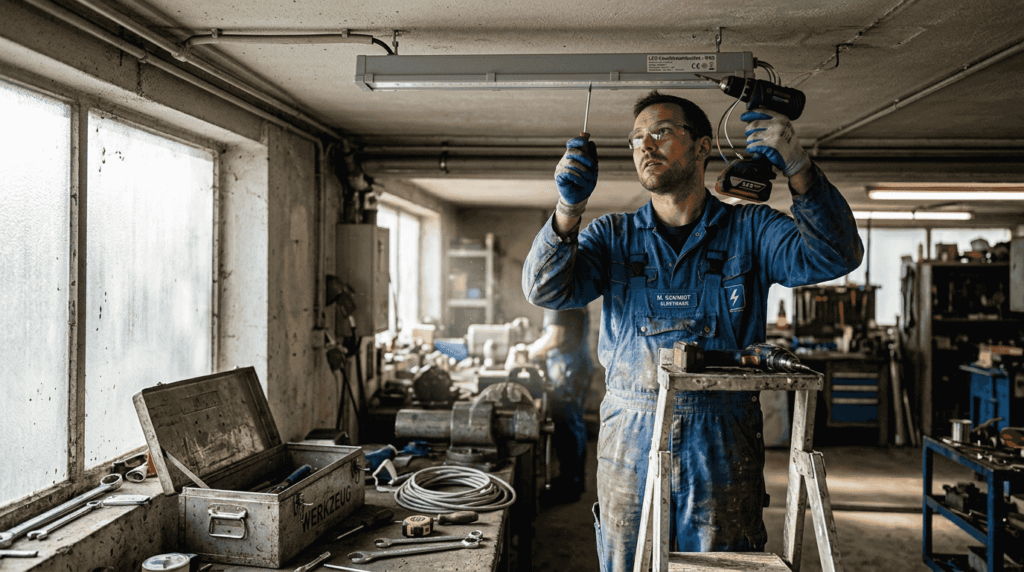 Ein Elektriker montiert eine Feuchtraumleuchte in der Werkstatt.