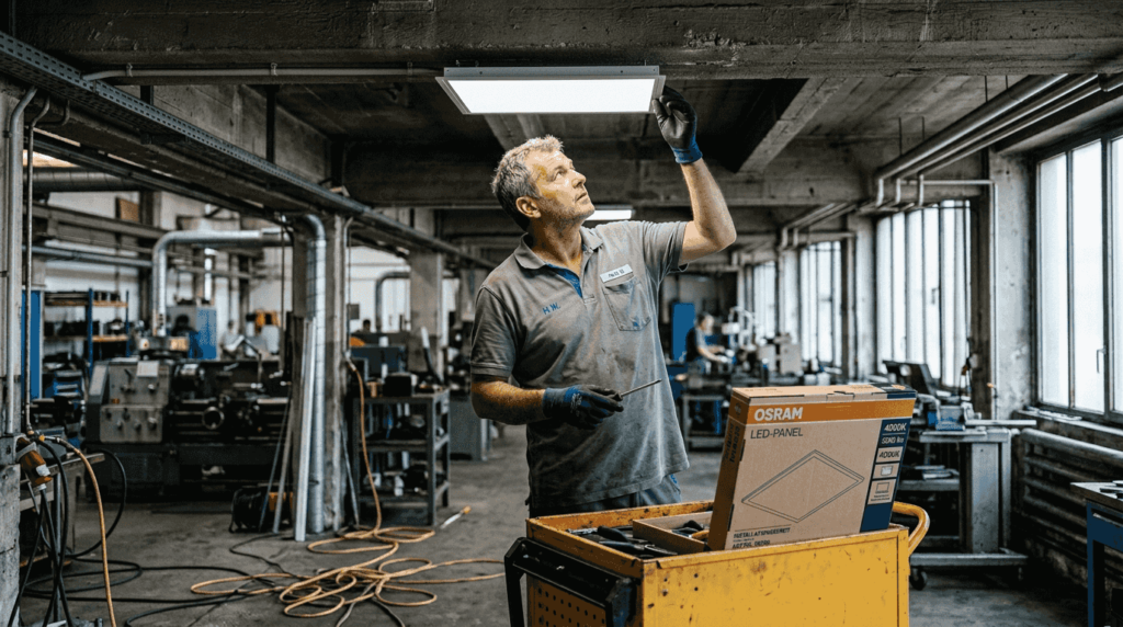 Ein Techniker überprüft die LED-Beleuchtung in einer Produktionshalle.