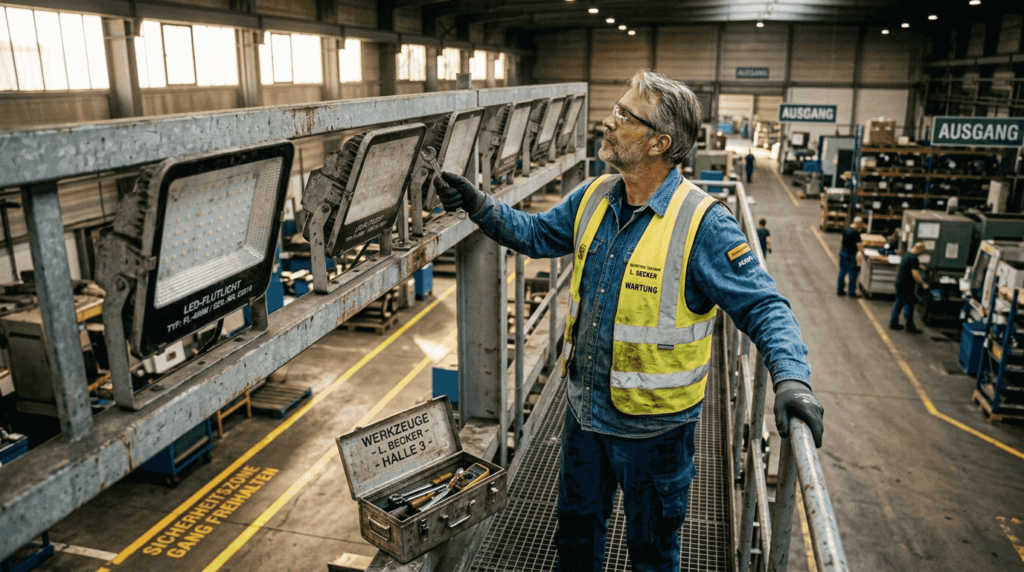 Ein Techniker überprüft die LED-Flutlichtstrahler in einer Industrieanlage.