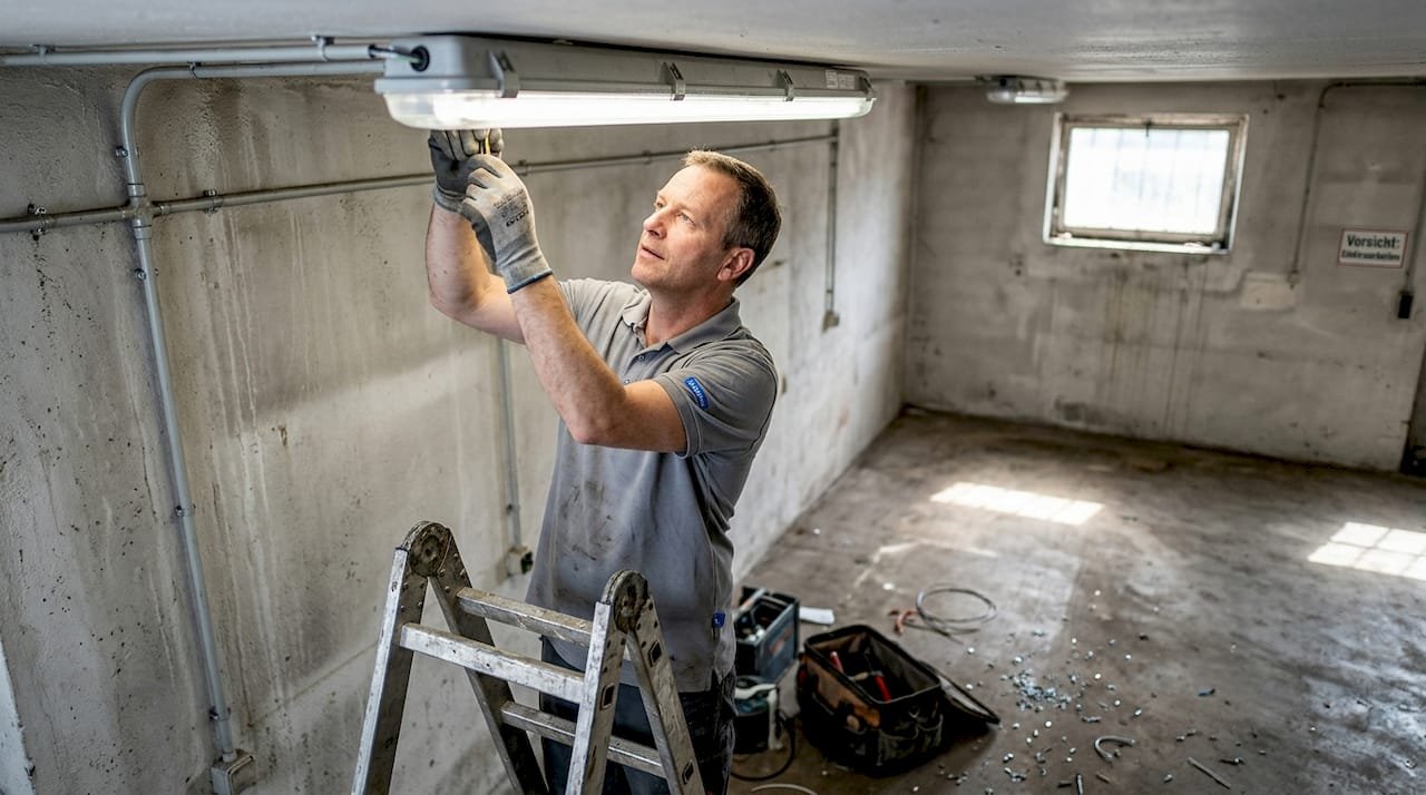 In einer Werkshalle montiert ein Elektriker eine LED-Leuchte mit Feuchtraumschutz.