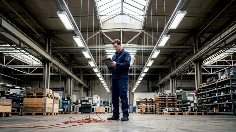 Ein Techniker überprüft die LED-Beleuchtung in einer Industriehalle.
